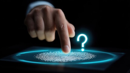 A person's finger touches a glowing digital fingerprint scanner, accompanied by a question mark, symbolizing biometric identity, security, and unknown factors.