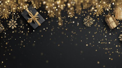Golden Christmas Decorations on Black Background with Gifts and Snowflakes