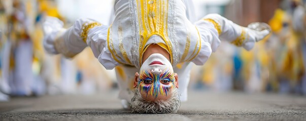 Colorful festival dancer wearing ornate mask performing on vibrant street stage