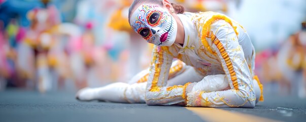 Colorful festival dancer wearing ornate mask performing on vibrant street stage