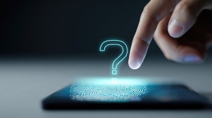 A finger hovers over a luminous question mark above a glowing fingerprint, symbolizing queries about identity, security, and digital privacy on a technological interface.