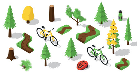 Isometric cycling adventure with trees, trails, and equipment in a nature park setting