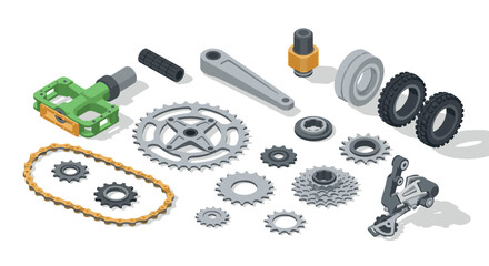 Isometric bicycle parts arrangement with gears and chains for mechanical design