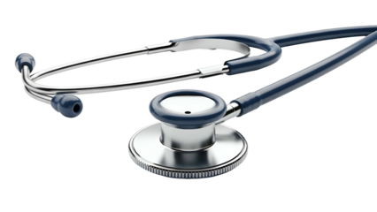 A close-up of a stethoscope, featuring metal chest piece, ear tubes, and flexible tubing