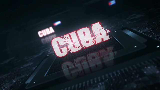 Cuba flag on computer cpu. Cuban banner digital and cyber technology concept animation with glitch.