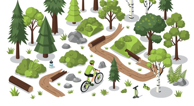 Isometric forest landscape with cyclist on nature trail