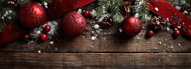 Red Christmas Balls, Pine Cones, Snow and Ribbon on Wooden Background