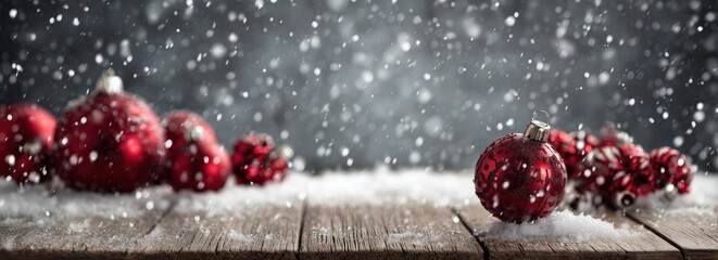 Red Christmas Ornaments on Snow - Covered Wooden Surface with Falling Snowflakes