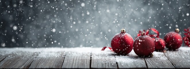 Christmas Decorations on a Snow - Covered Wooden Surface with Falling Snowflakes