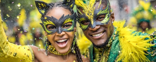Joyful masked couple celebrating together amid vibrant falling festival confetti