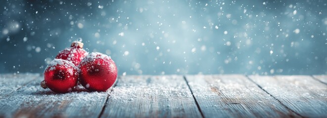 Snow - Covered Red Christmas Ornaments on Weathered Wooden Surface with Falling Snowflakes