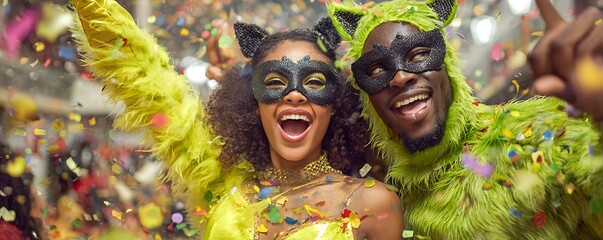 Joyful masked couple celebrating together amid vibrant falling festival confetti