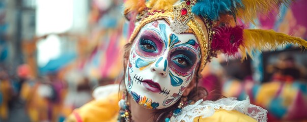 Colorful festival dancer wearing ornate mask performing on vibrant street stage