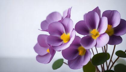 Obraz premium Close Up Shows Delicate Purple Oxalis Flowers With Bright Yellow Centers Blooming Against A Clean Minimalistic White Background In Soft Diffused Light