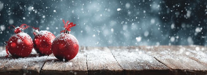 Red Christmas Ornaments on Snow-Covered Wooden Table with Falling Snow