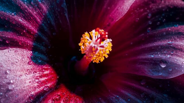 Vivid hibiscus bloom with deep pink and purple petals covered in dewdrops and a bright golden stamen captured in dramatic natural light