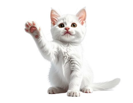 Small white Ginger Kitten Sitting and Stretching One Paw Up, Cute Stylized Look, Transparent Background