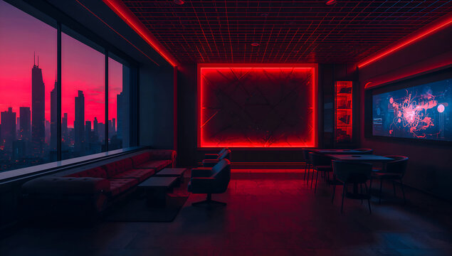 Modern interior with a cityscape view at sunset, illuminated with red lights