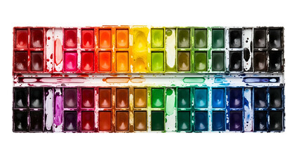 A rectangular watercolor paint palette, divided into two rows, displaying a vibrant color spectrum