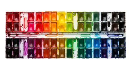 A rectangular watercolor paint palette, divided into two rows, displaying a vibrant color spectrum
