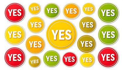 A collection of round stickers in various colors, all displaying the word "YES" in a bold font against white