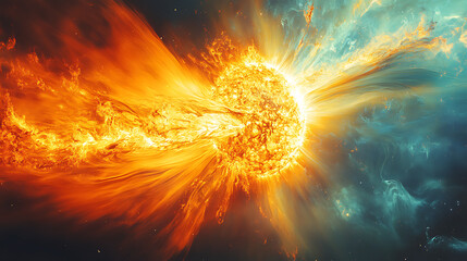 Sun’s corona radiating intense light during solar flare discharge event 