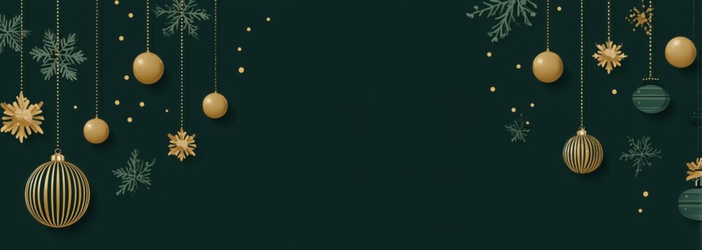 Dark Green Christmas Background with Gold Ornaments and Snowflakes