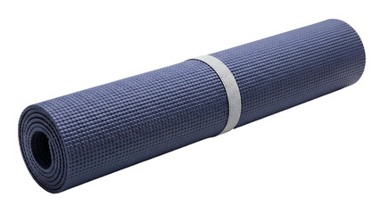 Rolled-up blue yoga mat with white strap, set against a black background