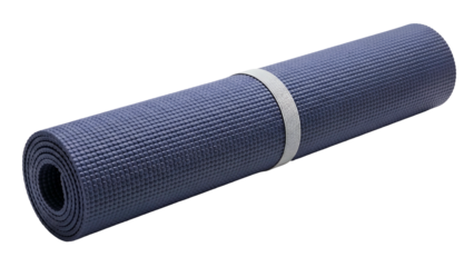 Rolled-up blue yoga mat with white strap, set against a black background