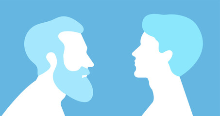 Old and young man silhouette profile head portraits facing each other. Minimalist composition. Cool blue and white color palette, flat vector style. Different age and time passing by fast concept.
