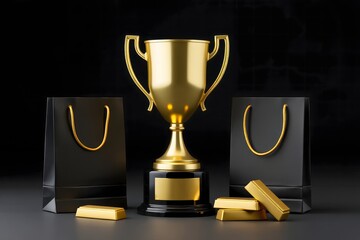 Golden Trophy and Gold Bars - Success and Luxury Concept