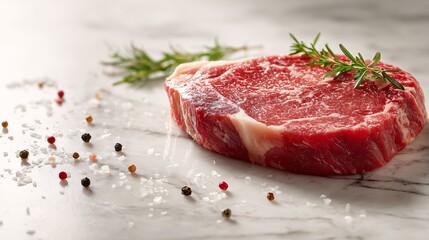 Raw Ribeye Steak with Rosemary and Seasoning on Marble