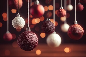 Hanging Christmas Ornaments with Blurred Bokeh Background for Holiday Decor