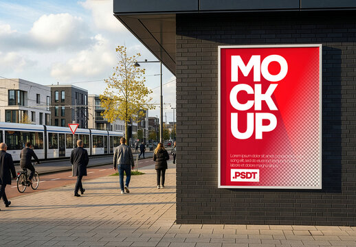 Modern urban scene. Abri or kiosk wall poster mockup