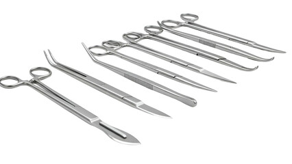 Surgical instruments, various shapes and sizes, arranged on black