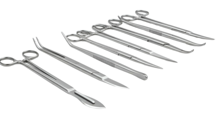 Surgical instruments, various shapes and sizes, arranged on black
