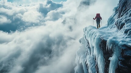 Hiker conquering icy mountain ridge above clouds with backpack, adventure and determination in stunning winter landscape, perfect for travel ads