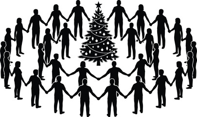 Christmas tree silhouette with people holding hands, festive celebration, community unity, holiday spirit, vector illustration, joy