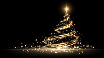 Golden Christmas Tree with Sparkling Lights on Black Background for Holiday Decor and Greeting Card Design