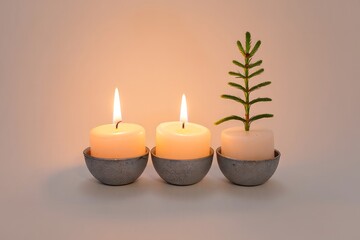Zen Candles in Ceramic Bowls with Evergreen Branch - Serene Still Life