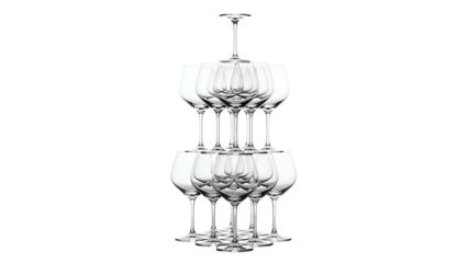 Pyramid of stemmed glassware arranged in tiers, isolated against a black background