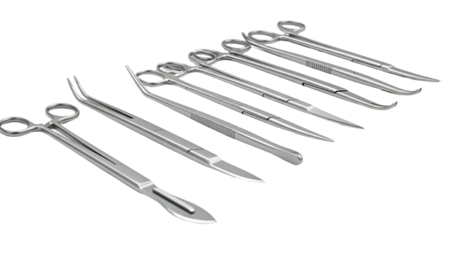 Surgical instruments, various shapes and sizes, arranged on black