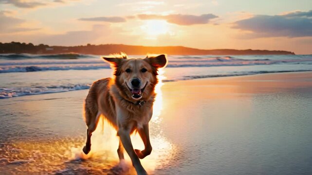 Sequence of a happy dog running on the beach towards the camera at sunset. A playful golden retriever enjoys a summer vacation splashing in the ocean with beautiful golden light