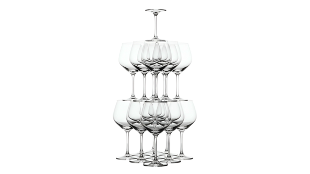 Pyramid of stemmed glassware arranged in tiers, isolated against a black background - Powered by Adobe