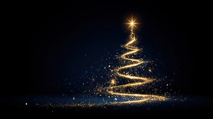 Golden Glittering Christmas Tree on Dark Blue Background for Holiday Decorations