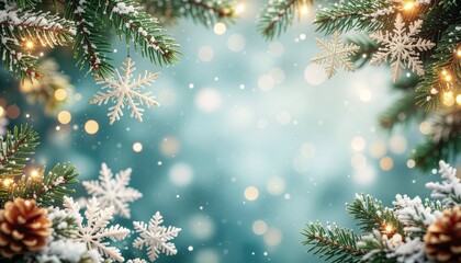 Festive holiday celebration with snowflakes and pine cones winter wonderland digital artwork magical atmosphere close-up view seasonal decor for celebrating christmas cheer