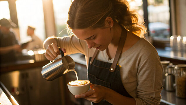 A portrait of a female barista pouring latte art in a sunlit independent cafe - Powered by Adobe
