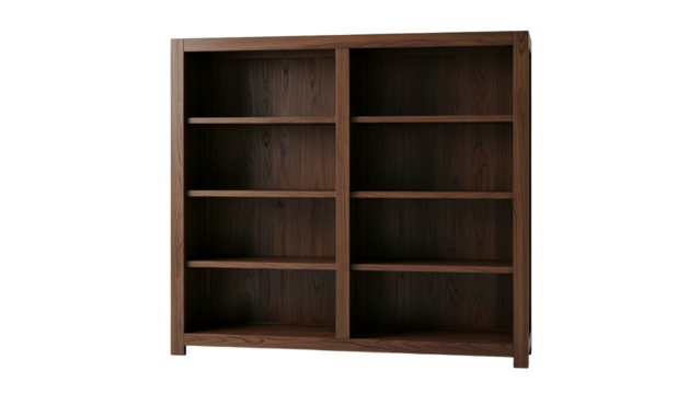 A symmetrical, wooden bookcase with multiple shelves, seen against a black background