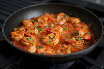 Shrimp Scampi with Herbs in a Skillet Over Gas Stove