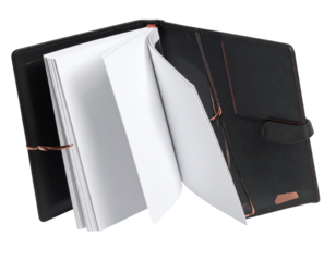 Spiral Copper Ring Notebook with Black Cover Slightly Open, Angled Perspective, Transparent Background (2)